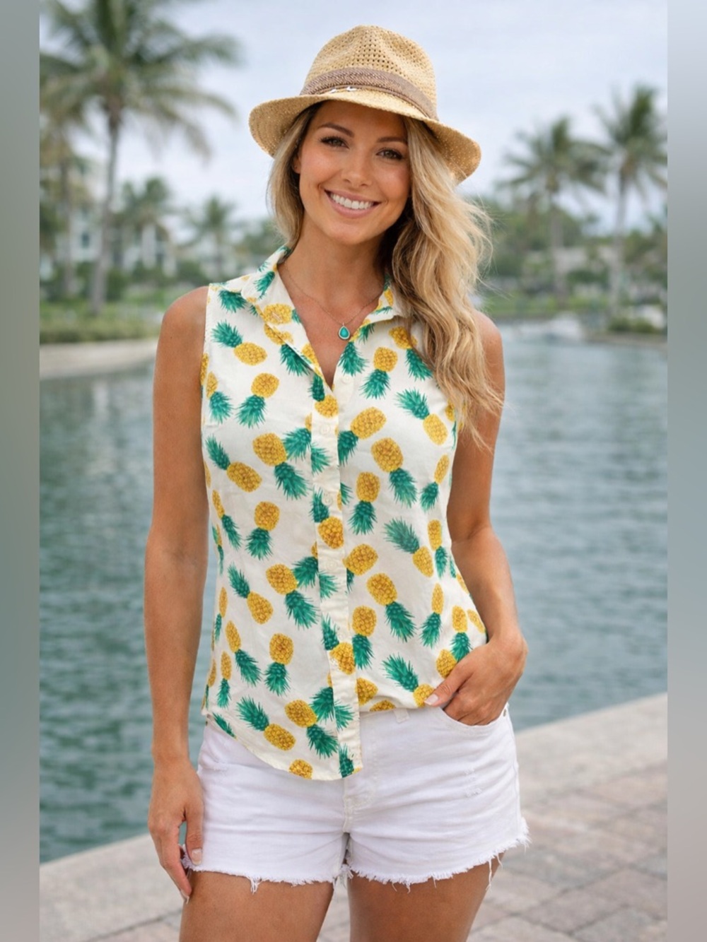 NWT | J. Crew | Pineapple Print Sleeveless Button Down Collared Top - Size S